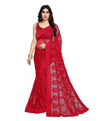 Red Soft Net Saree With Blouse Piece 1