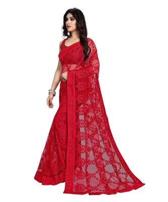 Red Soft Net Saree With Blouse Piece 2