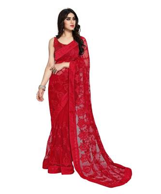 Red Soft Net Saree With Blouse Piece 3