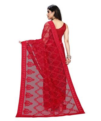 Red Soft Net Saree With Blouse Piece 4