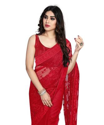 Red Soft Net Saree With Blouse Piece 5