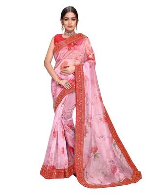 red Organza saree with blouse piece 1