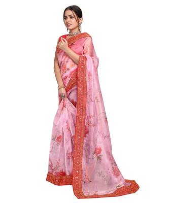 red Organza saree with blouse piece 2
