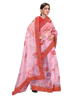 red Organza saree with blouse piece 3