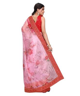 red Organza saree with blouse piece 4