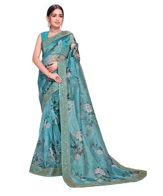 rama green Organza saree with blouse piece 1