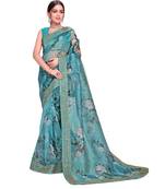 rama green Organza saree with blouse piece