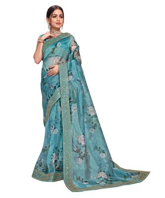 rama green Organza saree with blouse piece 2