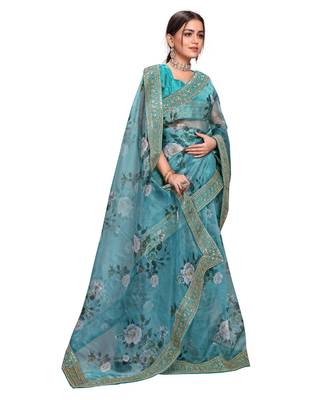 rama green Organza saree with blouse piece 3
