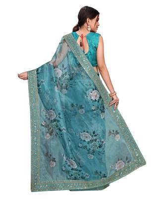 rama green Organza saree with blouse piece 4