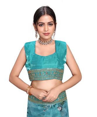 rama green Organza saree with blouse piece 5