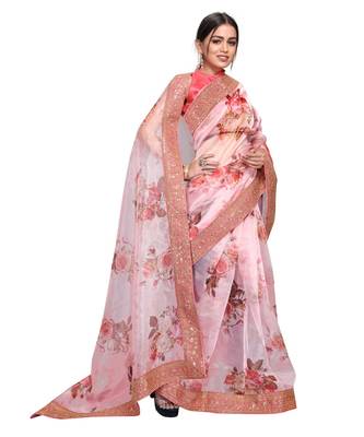peach Organza saree with blouse piece 3