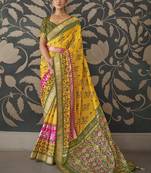 Yellow printed silk saree with blouse