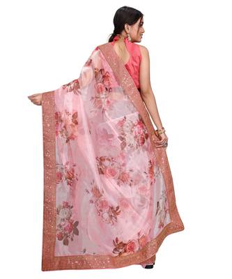 peach Organza saree with blouse piece 4