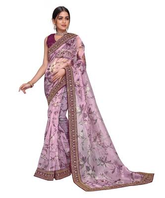 wine Organza saree with blouse piece 1