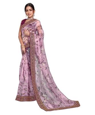 wine Organza saree with blouse piece 2