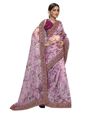 wine Organza saree with blouse piece 3