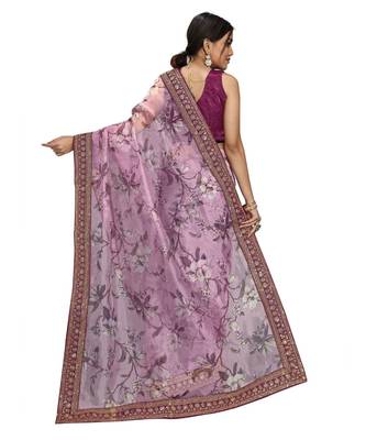 wine Organza saree with blouse piece 4