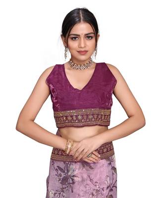 wine Organza saree with blouse piece 5