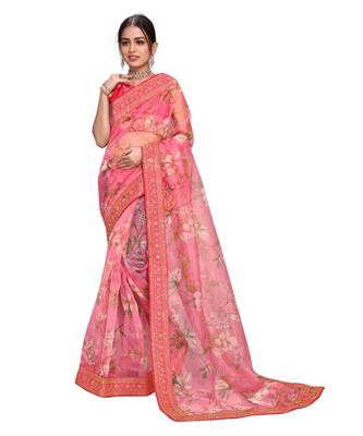 pink Organza saree with blouse piece 1