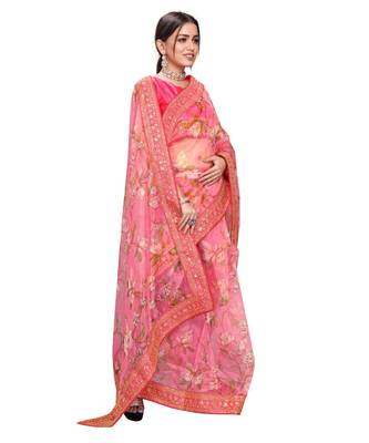 pink Organza saree with blouse piece 3