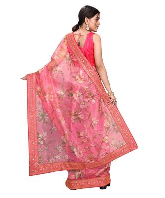 pink Organza saree with blouse piece 4