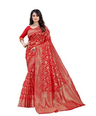 red Banarasi Silk saree with blouse piece 1