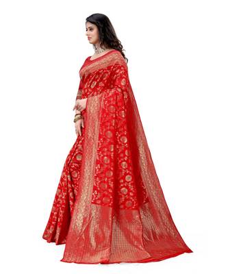 red Banarasi Silk saree with blouse piece 2