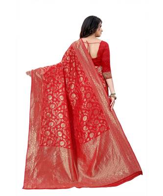 red Banarasi Silk saree with blouse piece 3