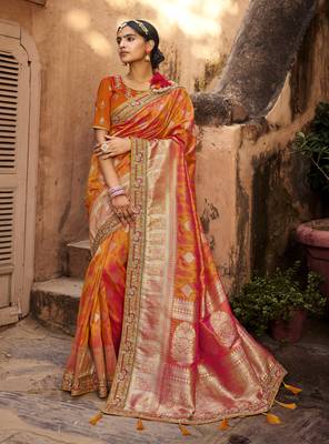 Orange woven banarasi silk saree with blouse 1