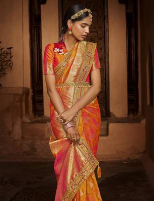 Orange woven banarasi silk saree with blouse 2