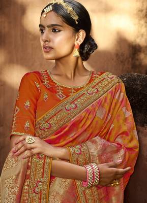 Orange woven banarasi silk saree with blouse 3
