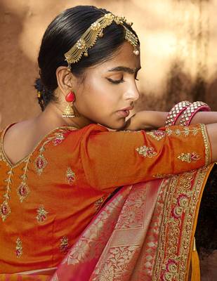 Orange woven banarasi silk saree with blouse 4
