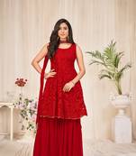 Red colour soft Net Embroidery  Semi-Stitched sharara suit 