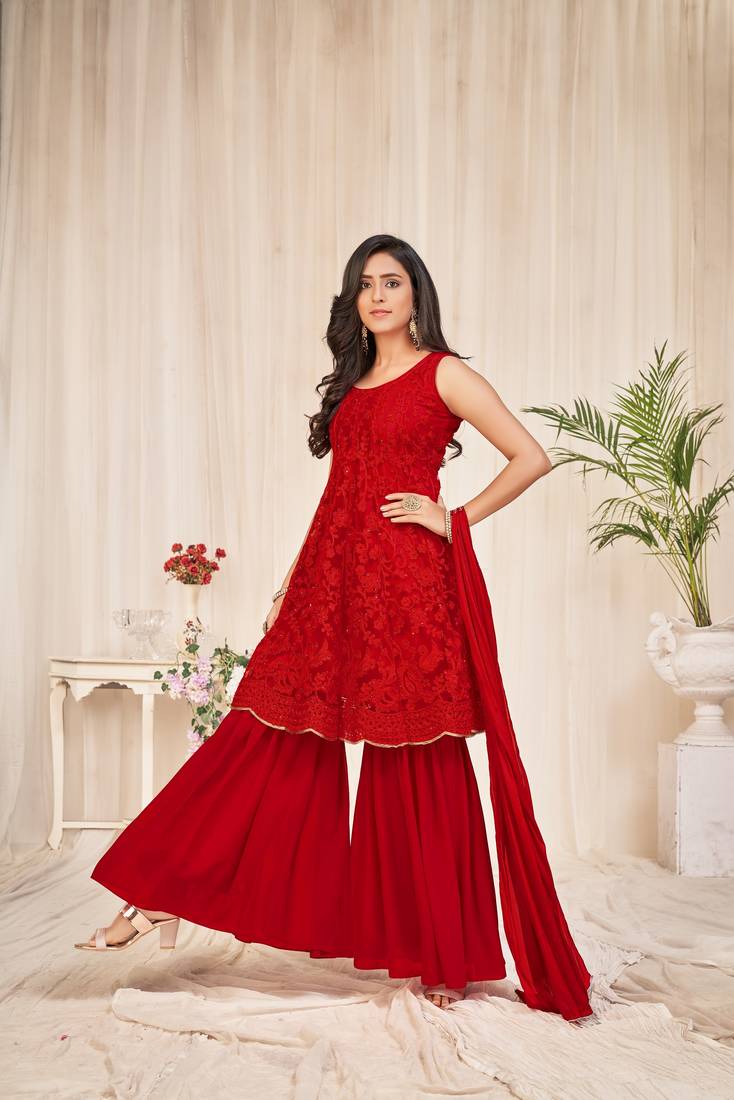 Red colour soft Net Embroidery  Semi-Stitched sharara suit 