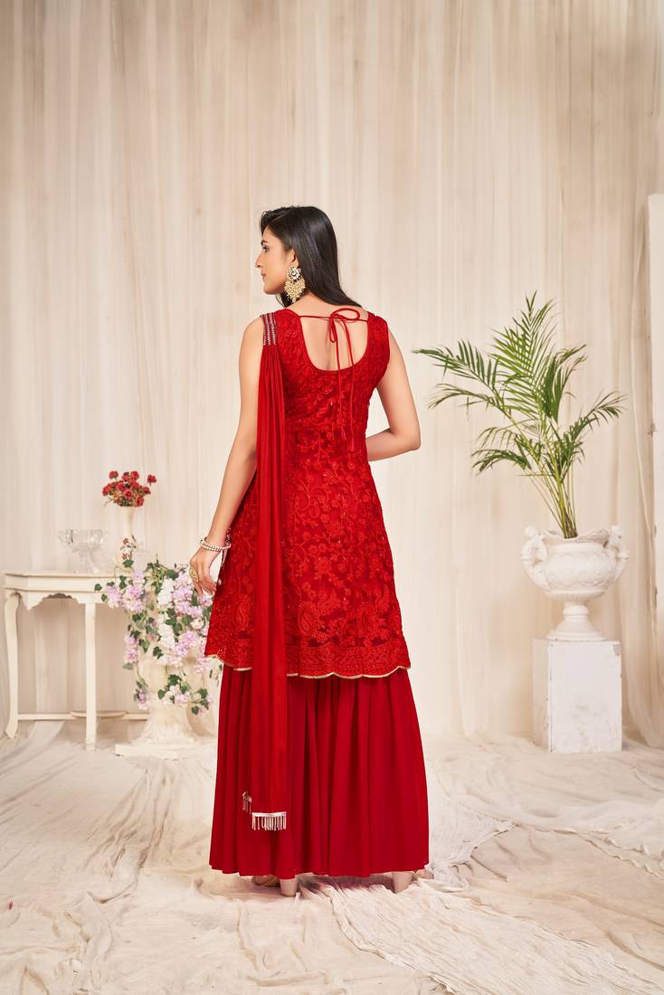 Red colour soft Net Embroidery  Semi-Stitched sharara suit 