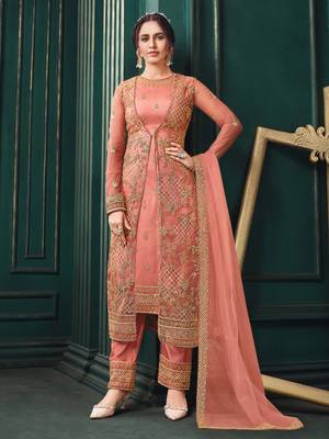 Peach embroidered net salwar 1
