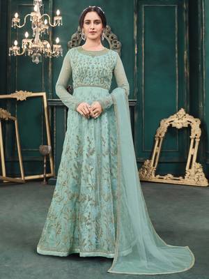 Turquoise embroidered net salwar 1