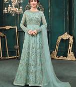 Turquoise embroidered net salwar