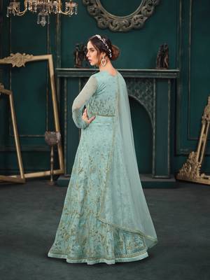 Turquoise embroidered net salwar 2