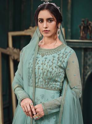 Turquoise embroidered net salwar 3