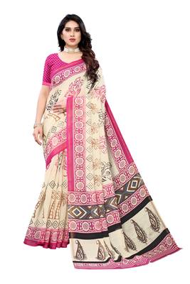 Pink printed cotton silk saree with blouse 1