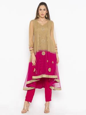 Beige embroidered net kurta &-sets 1