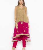 Beige embroidered net kurta &-sets