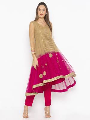 Beige embroidered net kurta &-sets 3