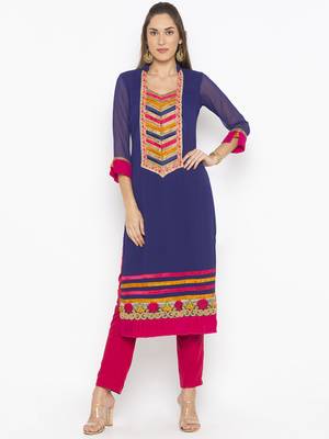 Dark-blue embroidered georgette kurta &-sets 2