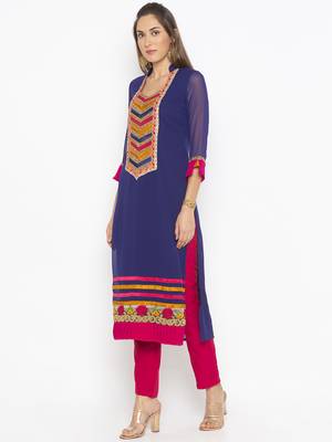 Dark-blue embroidered georgette kurta &-sets 3