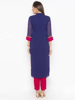 Dark-blue embroidered georgette kurta &-sets 4