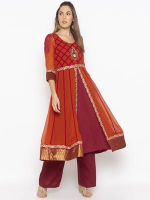 Orange embroidered georgette kurta &-sets 3