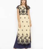 Beige embroidered net kurta &-sets